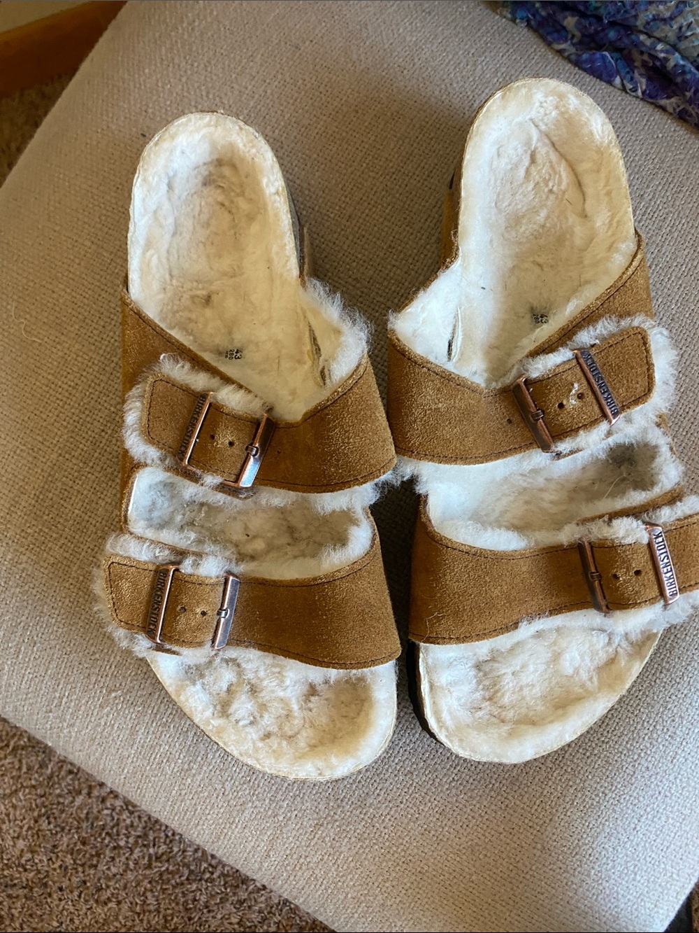 Birkenstock Shearling-Lined Double Buckle Slides in Tan